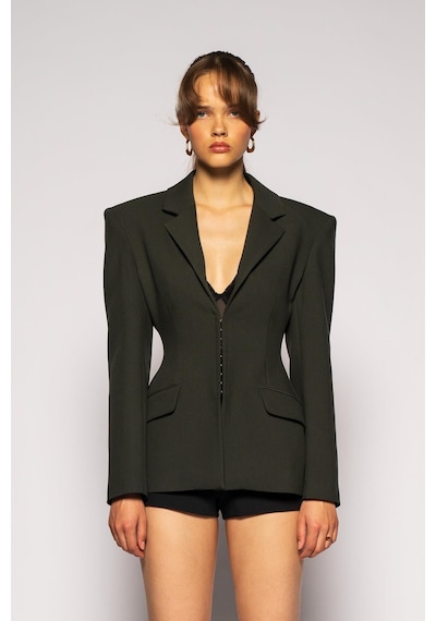 Kadın Koyu Haki Agraflı Bele Oturan Blazer Koyu Haki