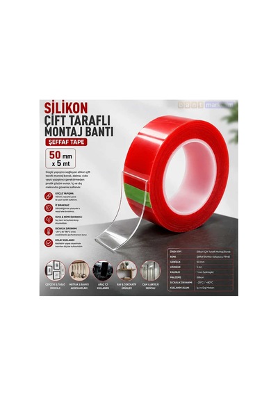 Silikon Çift Taraflı Montaj Bandı Şeffaf 50 Mm X 5 Metre Güçlü Yapışkanlı Tape Bant Marketim