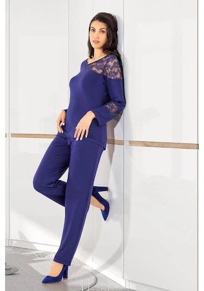 Faal 8616 Kadın Uzun Kollu Dantel Detaylı Pijama Takımı-lacivert Lacivert