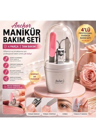 4 Lü Manikür Pedikür Bakım Seti Tırnak Makası, Törpü, Cımbız Ve Bakım Aparatlı Kompakt Taşınabilir Kişisel Bakım Seti