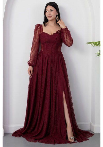 Kalopya Kalp Yaka Uzun Kol Dantel Elbise Ecr5733 Bordo
