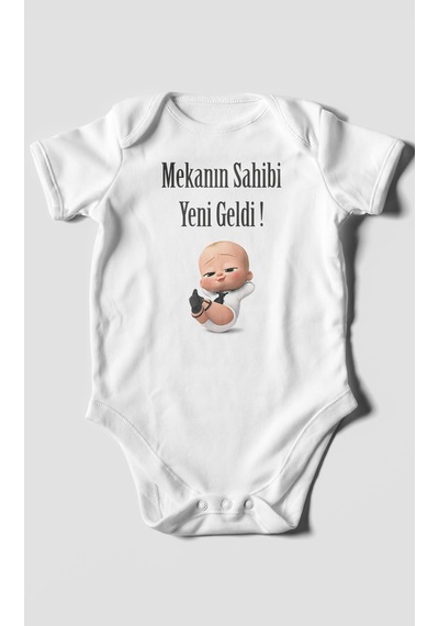 Mekanın Sahibi Yeni Geldi Baskılı Bebek Zıbını Çıtçıtlı Body 8 Renk %100 Pamuk Kısa Kol Beyaz