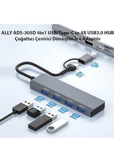 ALLY ADS-305D 4in1 USB-Type-C to 4X USB3.0 HUB Çoğaltıcı Çeviric