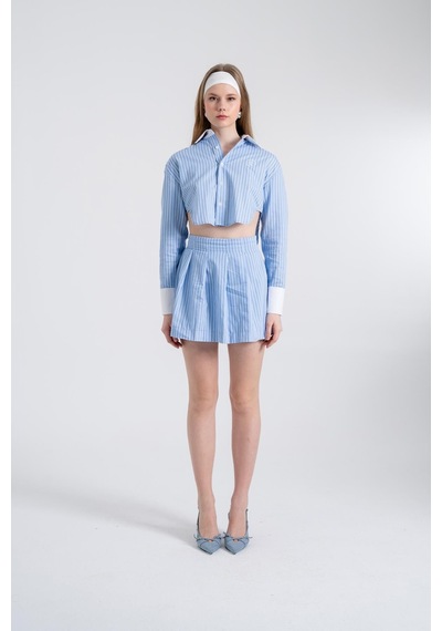 Holly Lolly Çizgili Pilili Mini Harmony Poplin Etek Mavi