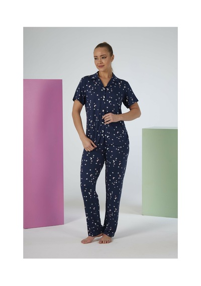 Estiva Kadın Gece Desenli Lacivert Kısa Kollu Önden Düğmeli Soft Pijama Takımı Çok renkli
