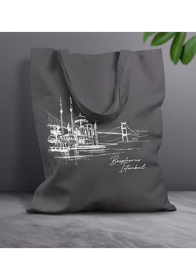 Bk Gift İstanbul Tasarımlı-5 Antrasit Kumaş Bez Çanta, Baskılı Omuz Çantası, Alışveriş Çantası, Anneye Hediye Sarı