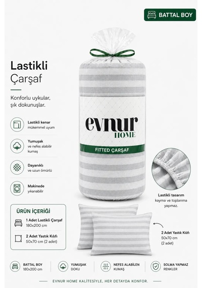 Evnur Home Çizgili Lastikli Çarşaf Seti Battal Boy Gri