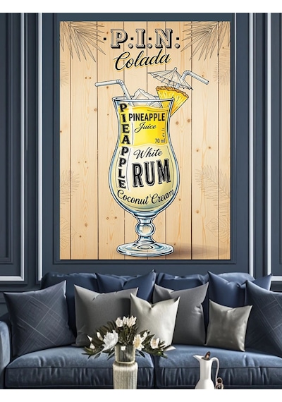 Ahşap Tablo Pina Colada Rom Kokteyli Afişi