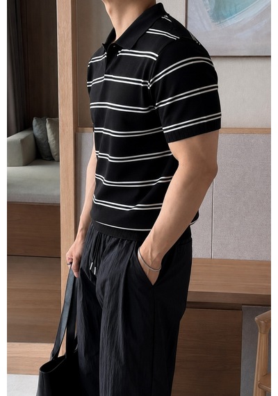 Tarz Cool Erkek Çizgili Polo Yaka Viskon Triko Tişört Slim Fit Yazlık Şık Triko Polo Siyah