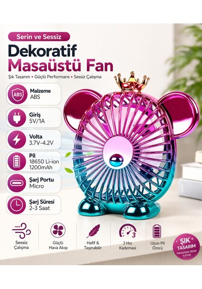 Usb Şarjlı Dekoratif Masaüstü Fan 1200mah Sessiz Mini Vantilatör 3 Kademeli