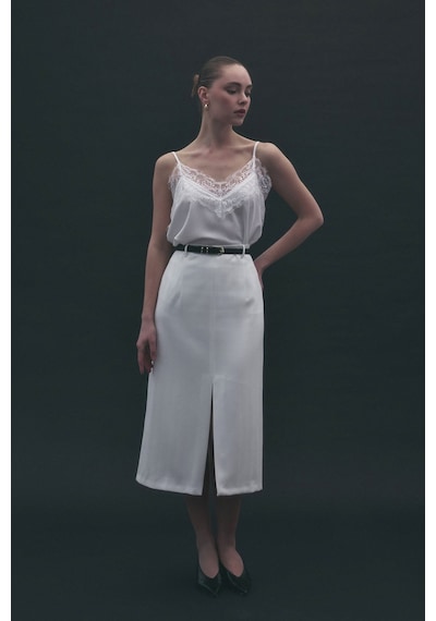 Sateen Anna Yırtmaçlı Etek - Ekru-137174 Ekru