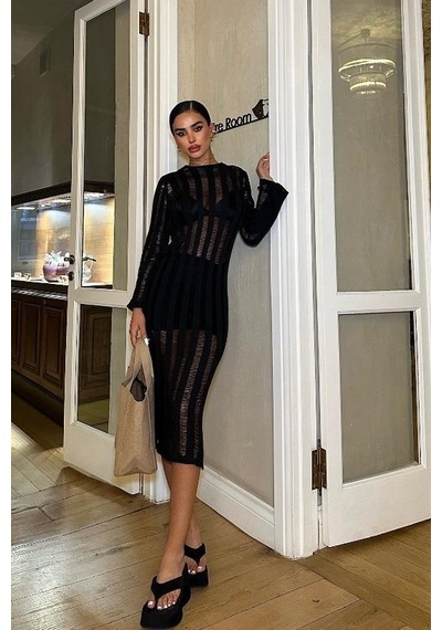 WeShaya Kadın Siyah Pamuk Oversize Kroşe Midi Elbise Siyah WeShaya Kadın Siyah Pamuk Oversize Kroşe Midi Elbise Siyah