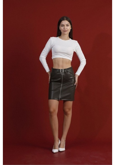 Verymoda Fermuarlı Deri Etek F0125 Haki