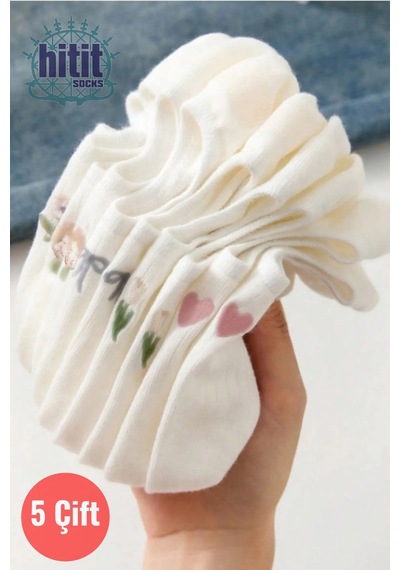 Hitit Socks Kadın 5 Çift Premium Fiyonk Çiçek Ve Kalp Desenli Babet Çorap Seker Beyazı beyaz