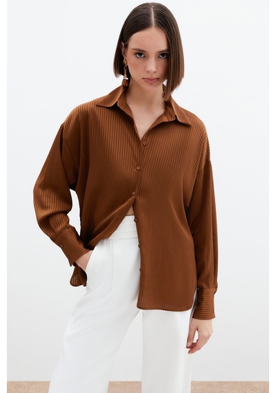 Sateen Kendinden Çizgi Desenli Gömlek - Kahve-136019 Kahve