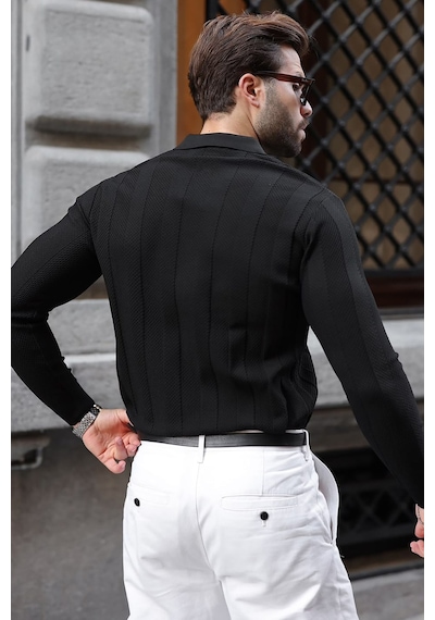 Madmext Siyah Regular Fit Polo Yaka Triko Erkek Kazak E7509