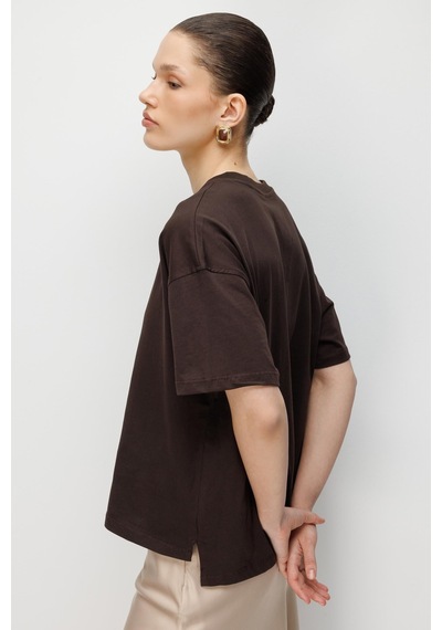 Mixray 4852 Kadın Yırtmaçlı Oversize Basic %100 Pamuk T-shirt Kahve Kahverengi