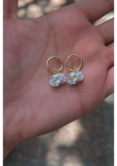 Gümüş Oval 4,5 Carat Taşlı Halka Küpe İs32e5 Sarı