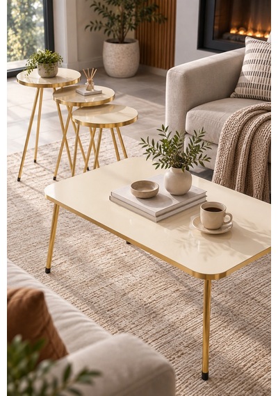 Sulorahome Gold Metal Düz Ayak 4'lü Sehpa Seti Krem Altın - Krem