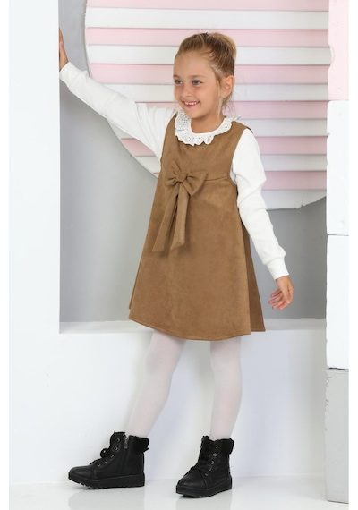 Kız Çocuk Süet Kumaş 2'li Elbise Elbise+bady Bluz 12177 Vizon