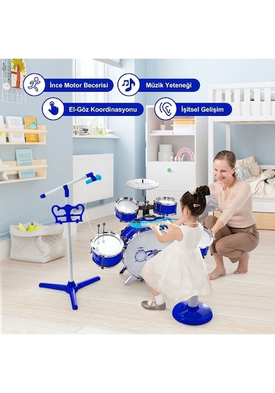 Mikrofonlu Işıklı Sesli Bateri Seti - Piyanolu Tabureli & Bagetli Eğitici Çocuk Bateri Takımı - Mavi