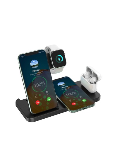 4 In1 Wireless Charger Kablosuz Şarj Istasyonu Standı 15 Watt Android Ve Ios Uyumlu Siyah