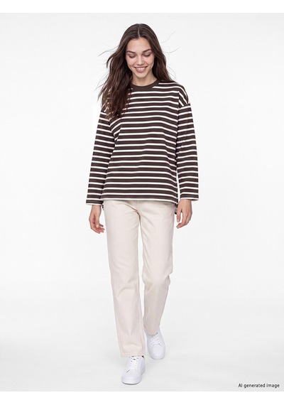 Lcw Modest Ekru Çizgili Oversize Kadın Sweatshirt Tunik