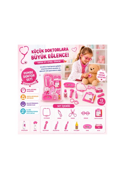 Oyuncak Doktor Seti - 2 Farklı Renk Seçenekli Eğitici Sağlık Ve Doktorluk Evcilik Oyuncak Seti Pembe Pembe - 893289425