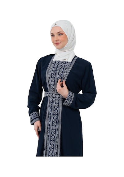 Zaytoon Nakışlı İç Elbiseli Ve Kemerli İki Parçalı Filistin Mirası Abaya Seti Lacivert