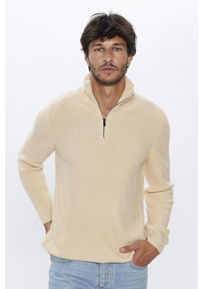 Tudors Erkek Slim Fit Dar Kesim Dik Yaka Fermuarlı Bej Triko Kazak-26254-bej Bej