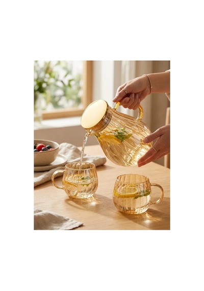 Modern Borosilikat Dilimli 1800 Ml Cam Sürahi Ve 300ml 2li Bardak Çay, Meyve Detoksu Ve Soğuk İçe Şeffaf