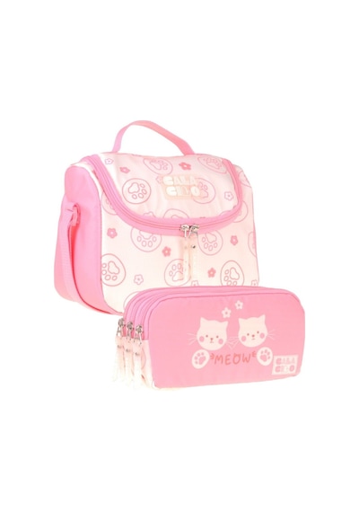 Calacilo Kedi Baskılı Kız Çocuk Pembe Renk Beslenme Çantası Ve Kalemlik Seti - Setcc-c4039 Pembe - Krem