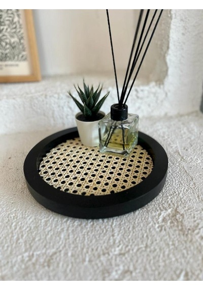 Rattan Hazeran Yuvarlak Tepsi Siyah Tüm Boy 24 Cm %100 Doğal Hazeran