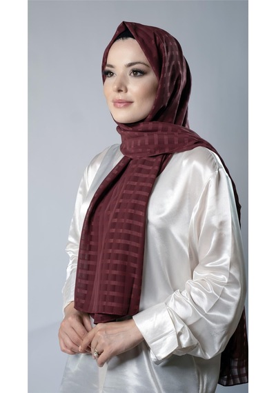 Hürrem Bone Bordo Desenli Şal Şifon Kumaş Kareli Çizgili 202107 16 Bordo
