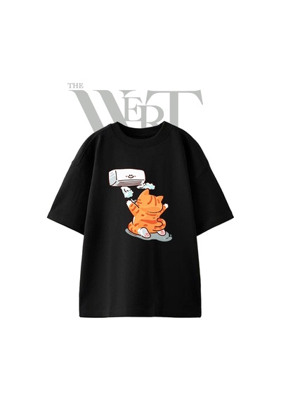 Thewert Orange Cat Ac Tasarım Baskılı Ünisex Siyah Oversize T-shirt
