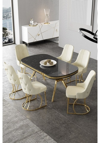 Canisa Epal Serisi 90x168 Lak Panel Siyah Mermer Desen Masa Takımı Gold Ayaklı 6 Krem Sandalye Masa Siyah Mermer Desen Sandalye Krem Canisa Epal Serisi 90x168 Lak Panel Siyah Mermer Desen Masa Takımı Gold Ayaklı 6 Krem Sandalye Masa Siyah Mermer Desen Sandalye Krem