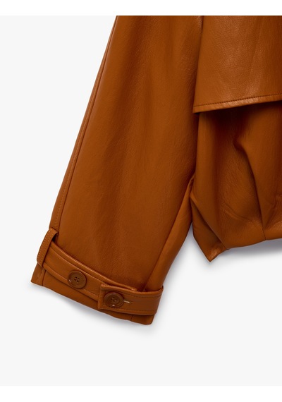 Koton Uzun Kollu Düğmeli Crop Oversize Suni Deri Kruvaze Yaka Bomber Ceket Kiremit 7wak20354ew Kahverengi