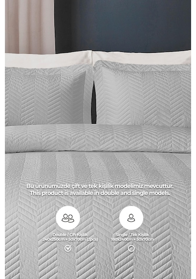 Evlen Home Ross %100 Pamuk Yatak Örtüsü Pike Takımı Çift Kişilik Kapitone Çizgili Günlük Yıkanabilir Gri Gri