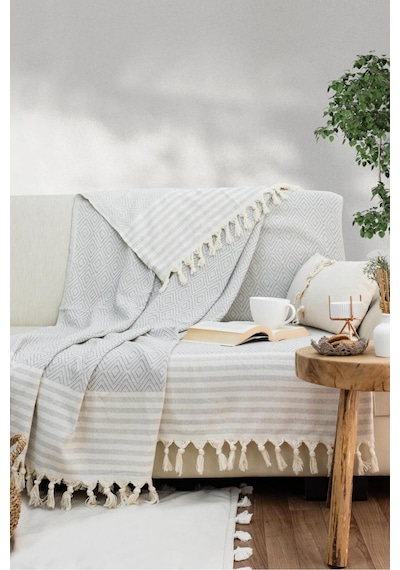 Reno Desen Dokuma %100 Pamuklu Çok Amaçlı Pike Koltuk Örtüsü 180x230 Gri
