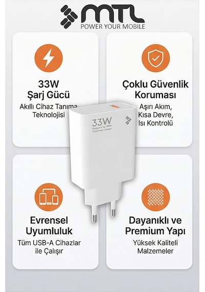 33w Turbo Şarj Saniyeli Usb Çıkışlı Hızlı Şarj Adaptörü Mt1754