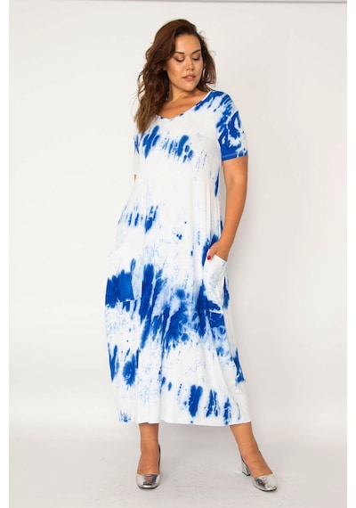 Şans Kadın Saks Batik Desen V Yaka Cepli Elbise 65n33979-mor Mor