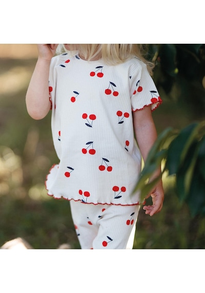 Antebies Organik Bej Kiraz Desenli Kısa Kollu Kız Bebek Tshirt Tayt Takımı Krem