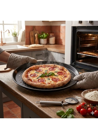 23 Cm Delikli Teflon Pizza Tepsisi Yanmaz Yapışmaz Fırın Kabı Fırın Tepsisi Siyah