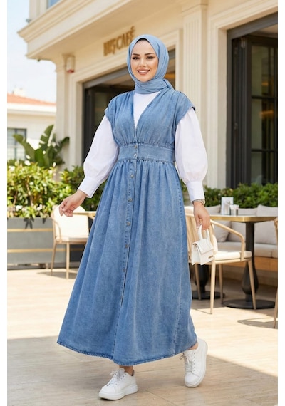 Hb Harma Time Butik Kadın V Yaka Düğmeli Açık Kot Mavi Jile Açık Mavi Açık Mavi