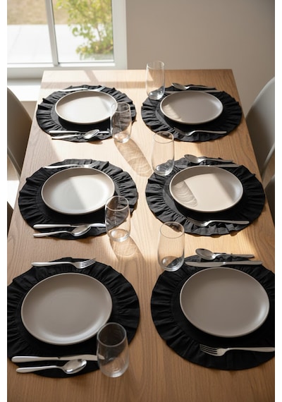 Yunusoğlu Home Pamuklu Fırfırlı Supla 6'lı Set Amerikan Servis 33 Cm Çap Supla 6'lı Siyah