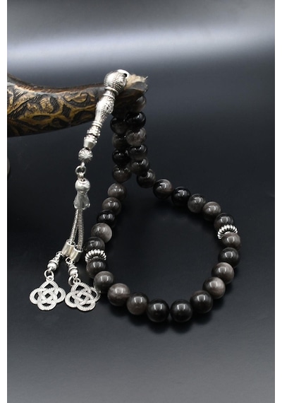 Doğal Obsidyen Taşlı 33'lük Tesbih Metal Püsküllü 10mm Küre Kesim 902513