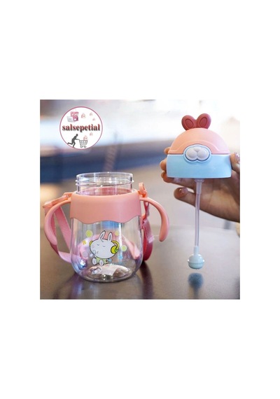 300ml Figürlü Pipeti Suluk Bebek Matara Askılı Sevimli Su Şişesi Bebek Pipetli Biberon Matara Pembe
