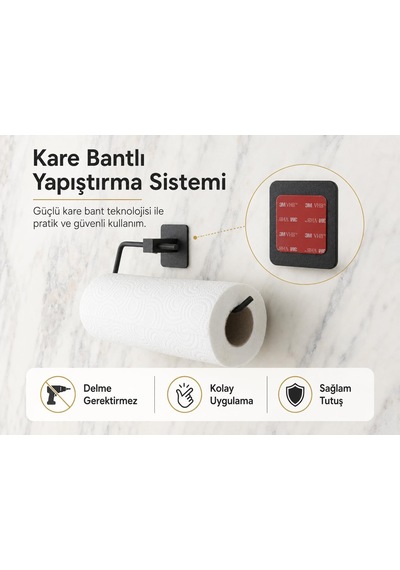 Siyah Kare Kağıt Havluluk, Yapışkanlı Ve Vidalı Montajlı Duvara Monte Rulo Havlu Askısı, Mat Siyah Mutfak Ve Banyo Aksesuarı Cok Renkli
