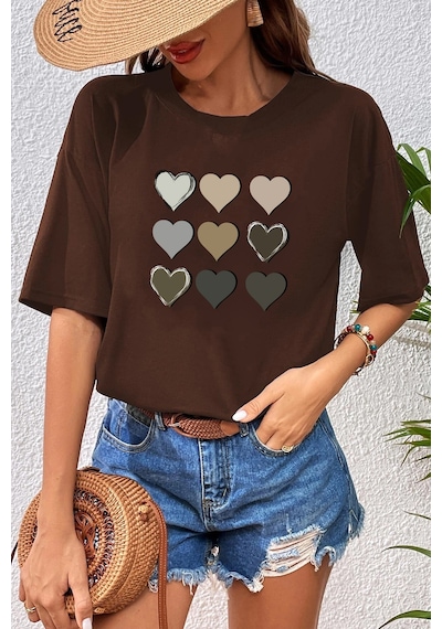 Unisex Kalp Baskılı T-shirt Kahverengi