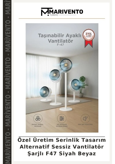 Özel Üretim Serinlik Tasarım Alternatif Sessiz Vantilatör Şarjlı F47 Siyah Beyaz
